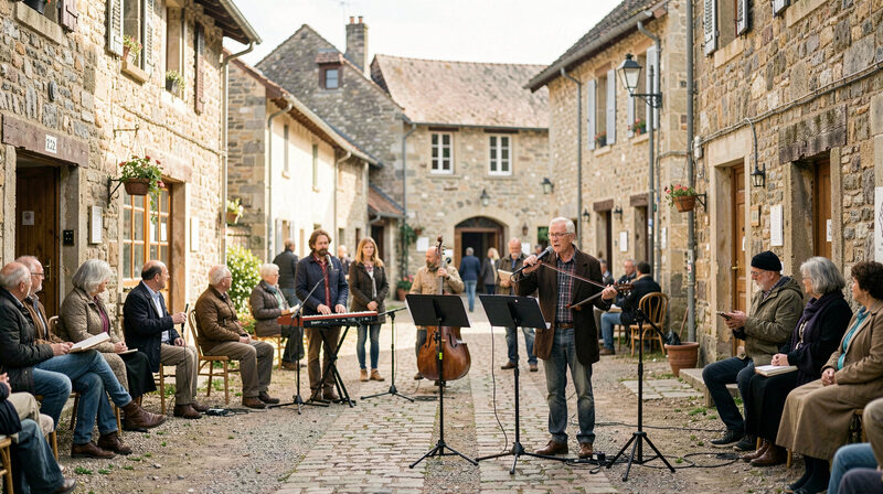 Vaste salle de pierre bourguignonne baignee de lumiere chaude, rideau rouge et projecteur prepares pour un solo, scene du magazine Le Rideau de Bourgogne.